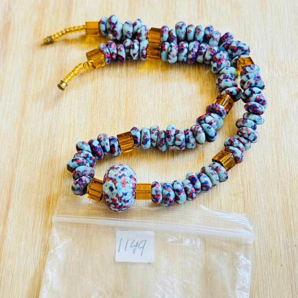 VTG African Trade Art Glass beads Necklace Blue Collar Beaded Confetti Statement